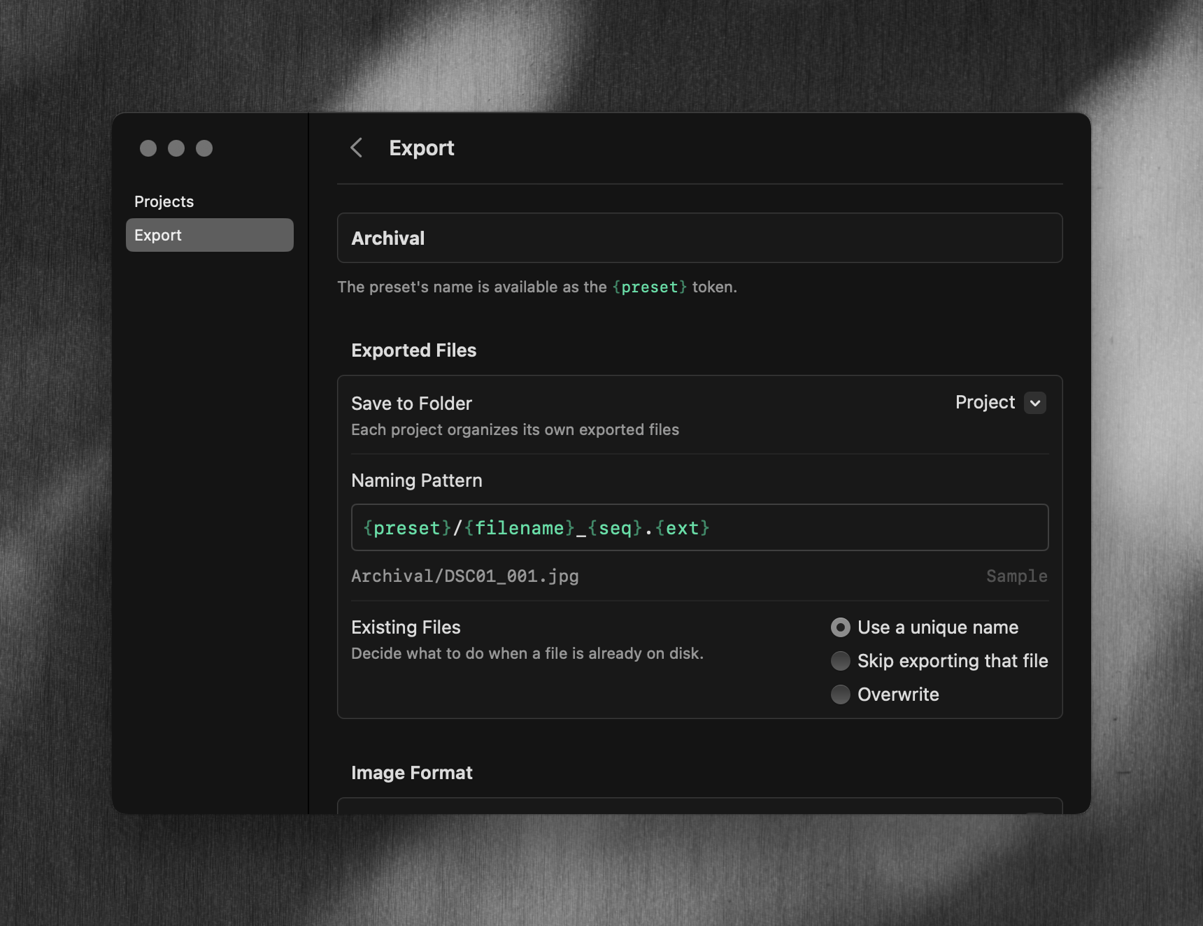Export Settings panel displaying built-in export presets: Archival, Web, and Social, with configuration options for file naming and output location
